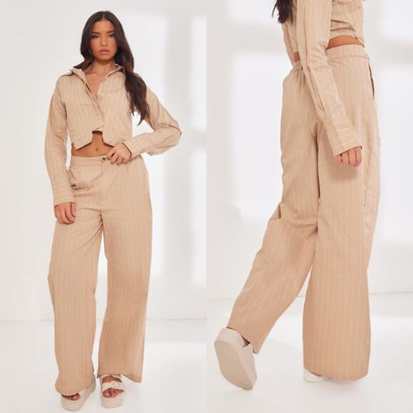 PrettyLittleThing Stone Poplin Pinstripe Crop Shirt 8 & Trouser 4 Two Piece Set - Picture 1 of 14